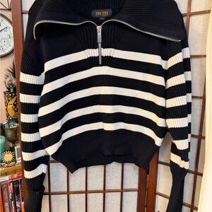 Truth Black & White Striped Half-Zip Turtleneck Sweater